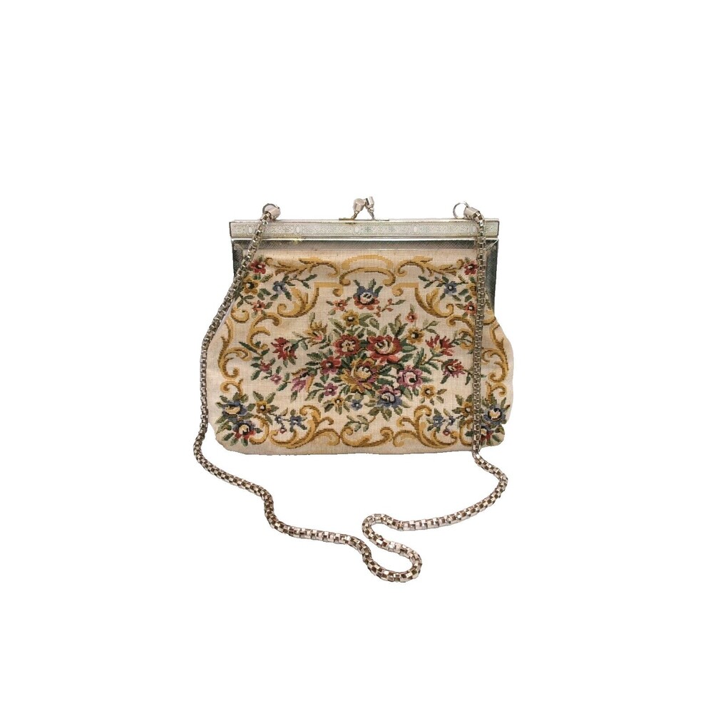 Vtg La Regal Petit Pointe Tapestry Purse Bag Floral Silver Kiss Lock Hong Kong